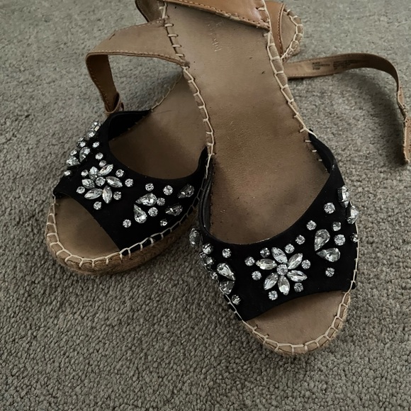 White Mountain Shoes - Black Canvas Jeweled Wedge Sandals